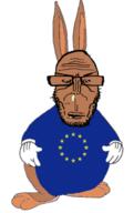 angry animal beard big_chungus brown_skin crying ear european european_union flag flag:european_union foot glasses half_open_mouth mutt rabbit red_eyes reddit_moment shitskin star_(symbol) subvariant:euromutt sweater variant:markiplier_soyjak // 386x610 // 93.5KB