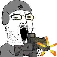 animated clothes firearm firing glasses gun hat helmet holding_gun holding_object holding_rifle military nazism open_mouth rifle soyjak stubble swastika variant:chudjak weapon // 737x714 // 134.2KB