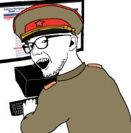 arm cap clothes communism computer ear glasses hammer_and_sickle hand hat kolyma open_mouth screen smug soyjak star stubble uniform variant:zoomer_on_computer // 696x701 // 107.8KB