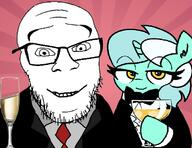 closed_mouth clothes glass glasses holding_object my_little_pony necktie smile soyjak stubble suit tuxedo variant:feraljak wine // 1248x964 // 240.6KB