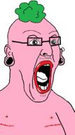 big_lips earring gauge glasses green_hair hair nose_piercing open_mouth pink_skin pooner scar soyjak stubble tongue top_surgery tranny variant:imhotep // 549x983 // 94.7KB