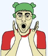 4chan anime arm clothes glasses green_hair hair hand open_mouth soyjak stubble tshirt variant:britjak white_skin yotsoyba // 860x1000 // 51.3KB