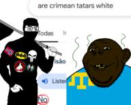 Warrior-Z(user) arabic_text balaclava bat batman batman_(series) buff caligraphy crimea crimean_tatar ear flag flag:crimean_tatar flag:norway flag:shahada full_body iron islam kratos kufic looking_at_you muscles muscular_male muslims no norway punisher red search_engine self_insert shahada skull smile soybooru soyjak spawn stick stinky stubble subvariant:gapealien subvariant:muscular_chud2 variant:chudjak variant:gapejak yellow_teeth // 1500x1200 // 435.2KB