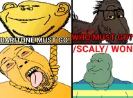 baritone bashar_alassad dinosaur gold gold_(user) hanging indoraptor meme meta:namefags pride_flag scalie text variant:bernd variant:impish_soyak_ears variant:meximutt variant:smugjak who_must_go // 1016x745 // 509.0KB