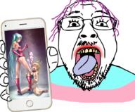 coomer_artstyle femdom glasses hatsune_miku holding_object holding_phone len_kagamine makeup meta:pornographic_content nsfw open_mouth phone teeth tongue tranny variant:bernd vocaloid // 869x720 // 396.5KB