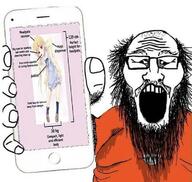 anime arm asian beard clothes diagram fat full_body glasses hair hand holding_object holding_phone iphone logo loli meta:tag_character_name open_mouth pedophile phone reddit reddit_moment redditard small_eyes soyjak subvariant:phoneplier subvariant:phoneplier_vertical sweating tshirt variant:markiplier_soyjak weeb yellow_hair // 750x709 // 77.1KB