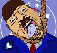 america_first badge blood brown_hair brown_skin clothes cozy_tv dead glasses hair hanging mustache necktie nick_fuentes open_mouth rope soyjak star stubble suicide suit tongue variant:bernd // 768x719 // 275.3KB