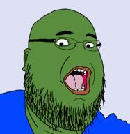 beard blue_shirt clothes ear frog glasses green_skin no_nose open_mouth pepe soyjak variant:fatjak // 714x732 // 16.8KB