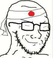closed_mouth country glasses hachimaki headband japan small_eyes smile smug soyjak stubble subvariant:soyak_(smug) variant:soyak // 600x655 // 222.4KB