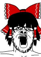 anime glasses hair hair_ribbon hakurei_reimu mustache open_mouth soyjak stubble touhou variant:a24_slowburn_soyjak video_game // 600x839 // 47.3KB