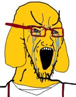 animal bloodshot_eyes clothes crying dog ear glasses janny large_eyebrows open_mouth soyjak stretched_mouth stubble suspenders variant:soyak // 785x1000 // 181.4KB