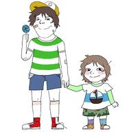 2soyjaks arm brown_hair cap child closed_mouth clothes full_body hair hand hat holding_hand holding_object leg smile soyjak subvariant:albert subvariant:shoyta variant:gapejak // 2500x2600 // 102.3KB