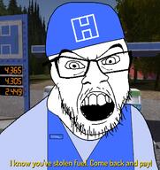 beanie clothes finland gas_station glasses my_summer_car open_mouth soyjak teimo text variant:feraljak vest video_game // 1290x1369 // 353.7KB