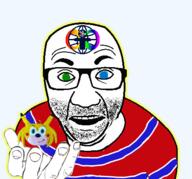 autism blue_eyes chris-chan clothes facial_mark forehead_mark glasses green_eyes hand heterochromia open_mouth perro_hold sonichu soyjak stubble variant:el_perro_rabioso // 430x400 // 101.4KB