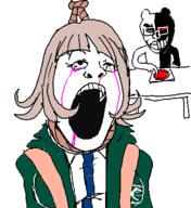 2soyjaks anime arm blood brown_hair button closed_mouth clothes crying danganronpa_(series) danganronpa_2:_goodbye_despair execution female glasses hair hand hoodie millions_must_die monokuma nanami_chiaki necktie noose oekaki open_mouth rope soyjak table variant:chudjak variant:gapejak video_game // 381x415 // 38.9KB