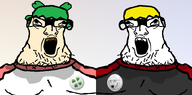 2soyjaks 4chan anime bad_teeth badge clothes glasses green_hair hair nate natejak open_mouth stubble sweating variant:lactoriajak variant:soyak yellow_hair yotsoyba yotsoyba_b // 812x400 // 112.7KB