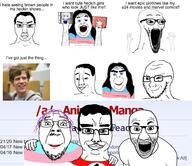 a_(4chan) anime glasses hair hand hands_up holding_object moot multiple_soyjaks smile soyjak stubble subvariant:chuddy subvariant:chudjak_front subvariant:wewjak text tranny variant:alicia variant:chudjak variant:el_perro_rabioso variant:soyak // 1700x1466 // 1.1MB