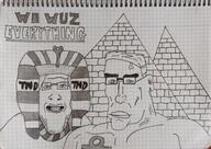 2soyjaks buff closed_mouth ear egypt glasses grin hair pharaoh pyramid redraw soyjak stubble subvariant:perceptive_chud text total_nigger_death traditional_media variant:chudjak variant:markiplier_soyjak // 3192x2262 // 1.8MB
