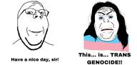 2soyjaks angry clothes flag genocide glasses hair lipstick makeup sir smile soyjak stubble subvariant:wholesome_soyjak text tranny variant:alicia variant:gapejak // 680x324 // 31.3KB