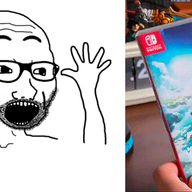 animated arm excited glasses hand hands_up nintendo nintendo_switch open_mouth real_person shaking soyjak stubble text variant:excited_soyjak video_game // 680x315 // 943.5KB