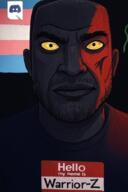 Warrior-Z(user) ai_generated discord fnf_pedo god_of_war hello_my_name_is_(sticker) subvariant:chudplier transgender_flag variant:markiplier_soyjak // 585x879 // 661.1KB