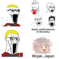 angry anime anti_soyjak arm badge bloodshot_eyes clothes crying glasses gyate_gyate hair hand hands_up heart holding_heart holding_object large_eyebrows multiple_soyjaks nate open_mouth place_japan smile soyjak soyjak_party stretched_mouth stubble subvariant:wewjak subvariant:wholesome_soyjak text thing_japanese touhou variant:a24_slowburn_soyjak variant:cryboy_soyjak variant:feraljak variant:gapejak variant:markiplier_soyjak variant:soyak video_game yellow_eyebrows yellow_hair // 1500x1500 // 700.4KB