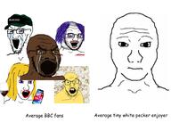 5soyjaks asian bbc black_skin bloodshot_eyes cap clothes crazed crying distorted female flag glass glasses hair hat iphone looking_down makeup mustache necklace open_mouth phone purple_hair small_eyes soyjak stretched_mouth stubble subvariant:crazed_troonjak subvariant:female_soyak subvariant:soyak_(crazed) text tranny variant:feraljak variant:soyak wine wine_aunt wojak yellow_hair yellow_sclera yellow_skin // 1800x1298 // 933.2KB