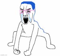 animated arm bloodshot_eyes blue_eyes blue_hair crying full_body glasses hair hand leg monkey_dance open_mouth soyjak tranny variant:chudjak // 500x471 // 75.4KB