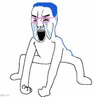 animated arm bloodshot_eyes blue_eyes blue_hair crying full_body glasses hair hand leg monkey_dance open_mouth soyjak tranny variant:chudjak // 500x471 // 75.4KB