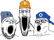 3soyjaks bitcoin cap chainlink clothes cryptocurrency ethereum glasses hat open_mouth soyjak stretched_mouth stubble trend:soyjak_trio variant:gapejak variant:markiplier_soyjak variant:tony_soprano_soyjak // 1700x1252 // 242.9KB