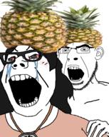 2soyjaks avengers bloodshot_eyes blush clothes crying food foodjak fruit glasses hair hand marvel merge necklace open_mouth pineapple rape sex soyjak subvariant:gapejak_female variant:cobson variant:gapejak variant:soytan // 439x550 // 258.5KB