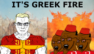 blond blue_eyes brown_skin byzantine byzantine_empire constantinople fire greek_fire subvariant:crying_soyak2 subvariant:muscular_chud turk turkish_flag turkiye variant:chudjak variant:soyak // 1400x800 // 1.3MB