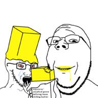 2soyjaks arm bloodshot_eyes butter crying glasses hand holding_object open_mouth smile soyjak stubble subvariant:wholesome_soyjak text variant:gapejak variant:soyak // 1000x1000 // 80.5KB