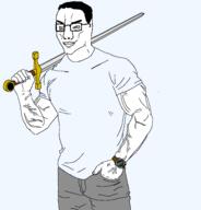 1488 asset blue_shirt buff closed_mouth clothes flag glasses hair holding_object holding_sword smile smug soyjak subvariant:muscular_chud2 sword template tshirt variant:chudjak vein watch // 1834x1913 // 86.9KB