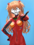 arm blue_background clothes ear glasses half_open_mouth medium_breasts neon_genesis_evangelion plugsuit pointing pointing_at_viewer red_hair souryuu_asuka_langley soyjak stubble text variant:nojak // 850x1133 // 872.1KB