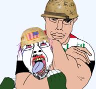 2soyjaks ack arab arabic_text country countrywar flag flag:iraq flag:united_states glasses headlock helmet iraq iraqi iraqi_m90_helmet military military_uniform saddam_hussein stubble the_weak_should_fear_the_strong transparent_background united_states variant:bernd war white_skin // 499x461 // 134.9KB