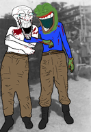 amphibian bald blood closed_eyes clothes forehead_lines friendship frog full_body glasses green_skin laughing nas:pepe open_mouth pepe_the_frog shirtless shoe soyjak teeth variant:soyak // 1000x1445 // 617.6KB