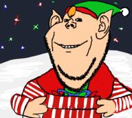 arm christmas closed_mouth clothes elf hand hat holding_object pointy_ears present smile soyjak stubble variant:impish_soyak_ears yellow_hair // 921x829 // 171.3KB