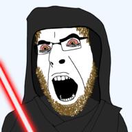 beard bloodshot_eyes brown_beard brown_eyes brown_hair coomer glasses lightsaber open_mouth sith soyjak star_wars variant:cobson // 1000x1000 // 147.4KB