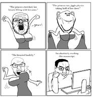 4soyjaks beard booba breasts chud closed_mouth comic computer glasses meta:not_oc monitor open_mouth princess soyjak text variant:a24_slowburn_soyjak variant:chudjak variant:feraljak variant:impish_soyak_ears // 1453x1529 // 224.5KB