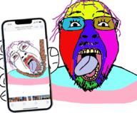 2soyjaks bloodshot_eyes crying eyelashes glasses hair hand hanging holding_object holding_phone mustache phone purple_hair rope soyjak stubble suicide tongue tranny trend:colorjak variant:bernd yellow_teeth // 869x720 // 355.0KB