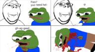 2soyjaks amphibian animal_abuse blood clothes comic fren frog full_body glasses gore green_skin knife murder nas:pepe ominous pepe_the_frog smile soyjak stubble subnas:apu subvariant:wholesome_soyjak text variant:gapejak // 1377x756 // 486.5KB