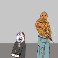 2soyjaks badge blood bloodshot_eyes brown_skin central_intelligence_agency cholo closed_mouth crying ear gun hair holding_gun holding_object holding_pistol mustache open_mouth pistol purple_hair rope shaved smoke soyjak stubble subvariant:chudjak_front tattoo tongue variant:bernd variant:chudjak yellow_teeth // 2000x2000 // 200.2KB