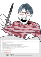 angry arm blue_hair clothes glasses hair hand holding_object max_goldberg paper pen soyjak stubble text variant:feraljak ytmnd // 1192x1650 // 484.0KB