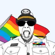 army beard black_lives_matter clothes emblem flag flag:israel flag:lgbt_pride_flag flag:pan-african flag:transgender_pride_flag glasses hat israel lgbt military military_cap open_mouth pan_african soyjak spade sunglasses tranny variant:patriotjak // 1023x1023 // 46.8KB