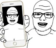 2soyjaks black_background glasses hand holding_object holding_phone looking_at_you open_mouth soyjak stubble subvariant:phoneplier_vertical variant:unknown // 1024x887 // 266.8KB