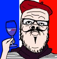 arm beret closed_mouth clothes country flag flag:france france glass glasses hand hat holding_object holding_sproke mustache scarf soyjak sproke stubble variant:a24_slowburn_soyjak white_skin wine_glass // 497x521 // 34.9KB