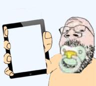 apple_(company) arm artist:jakker baby babyjak caca glasses hair hand holding_object holding_tablet ipad meta:low_resolution microvariant:ipadcaca pacifier phone soyjak stubble subvariant:phoneplier subvariant:phoneplier_vertical teeth template variant:gapejak variant:markiplier_soyjak // 1010x906 // 383.9KB