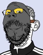 2soyjaks clothes ear glasses grey_skin hair kuz mask mustache open_mouth smile soot soot_colors soyjak soyjak_party stubble track_suit variant:carterjak variant:gapejak variant:kuzjak // 465x600 // 167.1KB