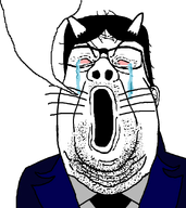 animal cat closed_eyes clothes crying glasses hair looking_up meta:namefags moistpepper_(user) moistpooner necktie open_mouth speech_bubble speech_bubble_empty stubble subvariant:reaction_fat_soyjak suit suit_and_tie variant:reaction_soyjak whisker white_background